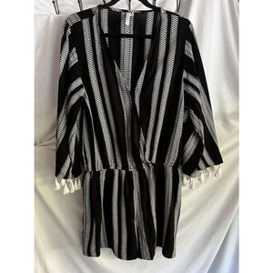 SEAFOLLY Australia Siz S Bell Sleeve Tasseled Woven Jumpsuit Beach Black/White